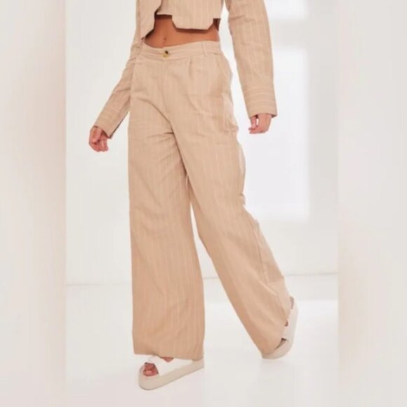 NWT PrettyLittleThing Stone Poplin Pinstripe Tailored Wide Leg Pants Size 6 - Picture 2 of 9